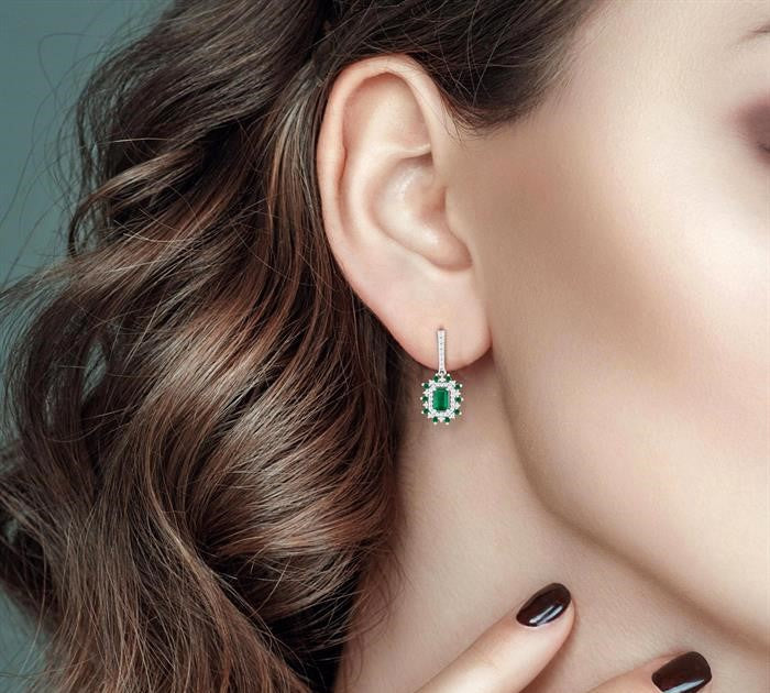 5X3 MM Emerald Cut & 1.45 MM Round Cut Emerald and 1/3 Ctw Round Cut Diamond Precious Earrings in 14K White Gold