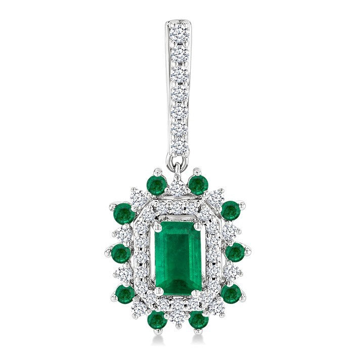 5X3 MM Emerald Cut & 1.45 MM Round Cut Emerald and 1/3 Ctw Round Cut Diamond Precious Earrings in 14K White Gold