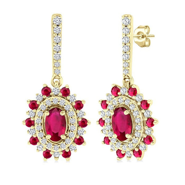 5x3 MM Oval Cut & 1.45 MM Round Cut Ruby and 1/3 Ctw Round Cut Diamond Precious Earrings in 14K Yellow Gold