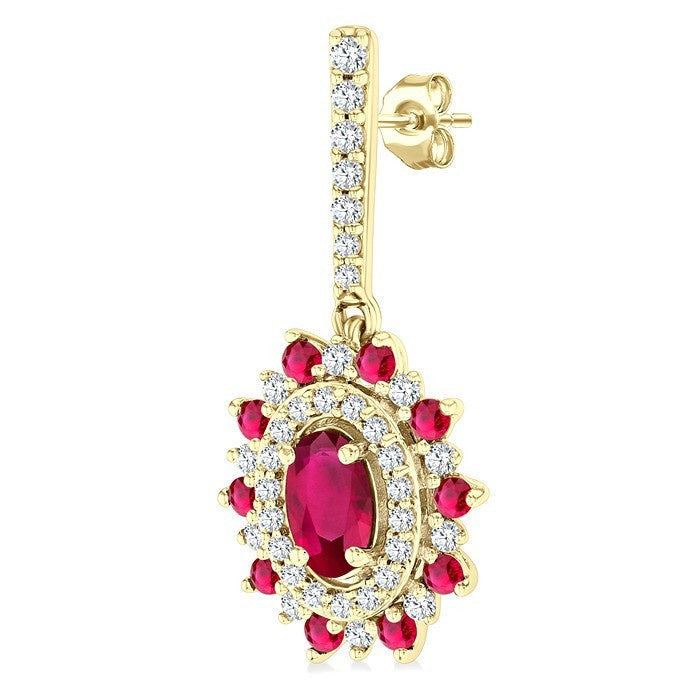 5x3 MM Oval Cut & 1.45 MM Round Cut Ruby and 1/3 Ctw Round Cut Diamond Precious Earrings in 14K Yellow Gold