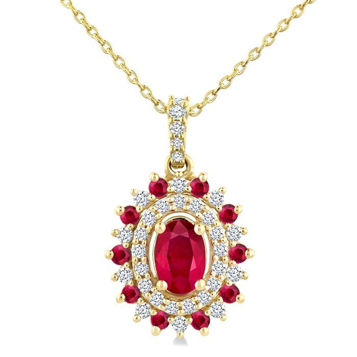 6X4 MM Oval Cut & 1.55 MM Round Cut Ruby and 1/4 Ctw Round Cut Diamond Floral Precious Pendant With Chain in 14K Yellow Gold