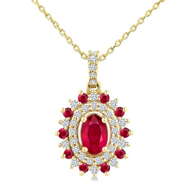 6X4 MM Oval Cut & 1.55 MM Round Cut Ruby and 1/4 Ctw Round Cut Diamond Floral Precious Pendant With Chain in 14K Yellow Gold