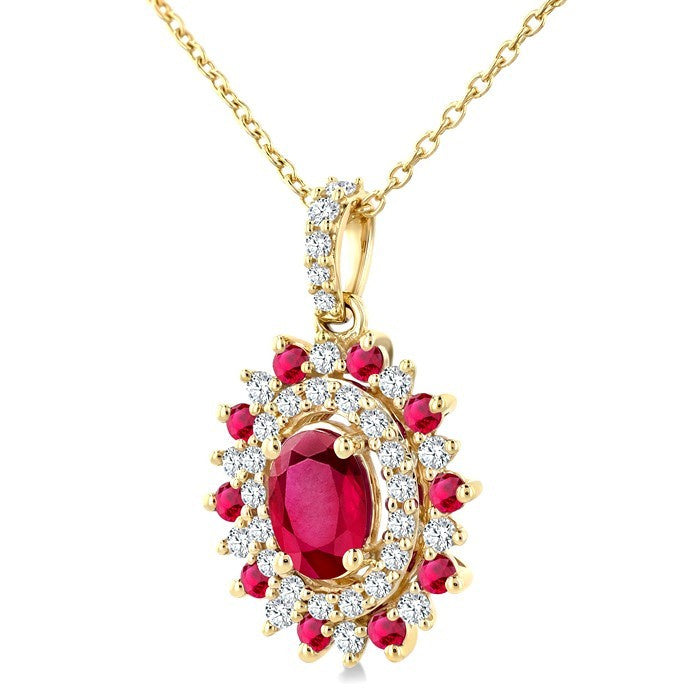 6X4 MM Oval Cut & 1.55 MM Round Cut Ruby and 1/4 Ctw Round Cut Diamond Floral Precious Pendant With Chain in 14K Yellow Gold