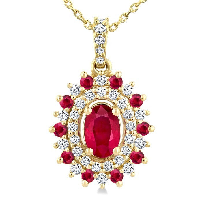 6X4 MM Oval Cut & 1.55 MM Round Cut Ruby and 1/4 Ctw Round Cut Diamond Floral Precious Pendant With Chain in 14K Yellow Gold