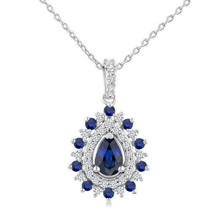 6X4 MM Pear Cut & 1.55 MM Round Cut Sapphire and 1/4 Ctw Round Cut Diamond Floral Precious Pendant With Chain in 14K White Gold