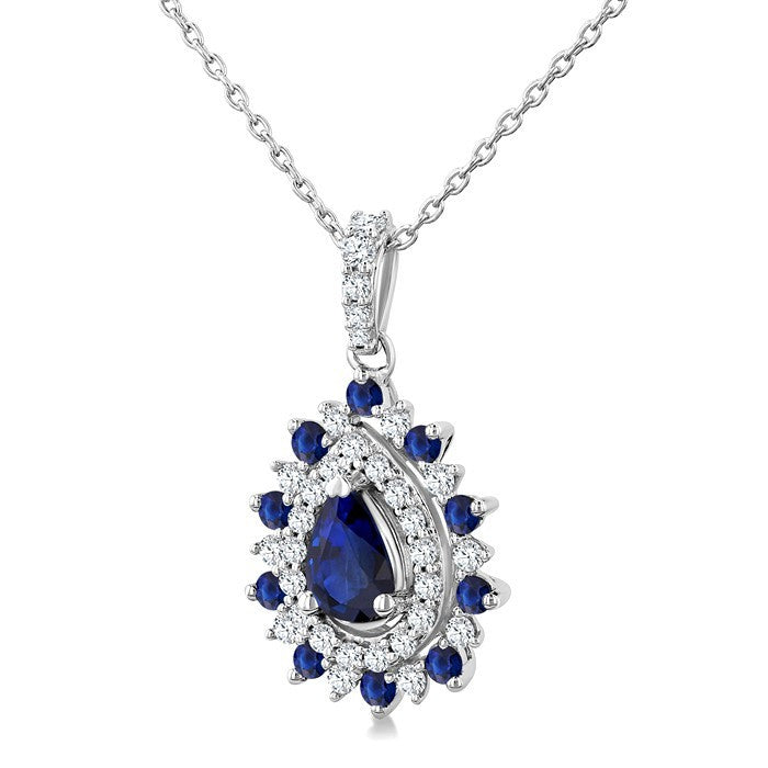 6X4 MM Pear Cut & 1.55 MM Round Cut Sapphire and 1/4 Ctw Round Cut Diamond Floral Precious Pendant With Chain in 14K White Gold