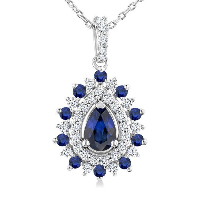 6X4 MM Pear Cut & 1.55 MM Round Cut Sapphire and 1/4 Ctw Round Cut Diamond Floral Precious Pendant With Chain in 14K White Gold