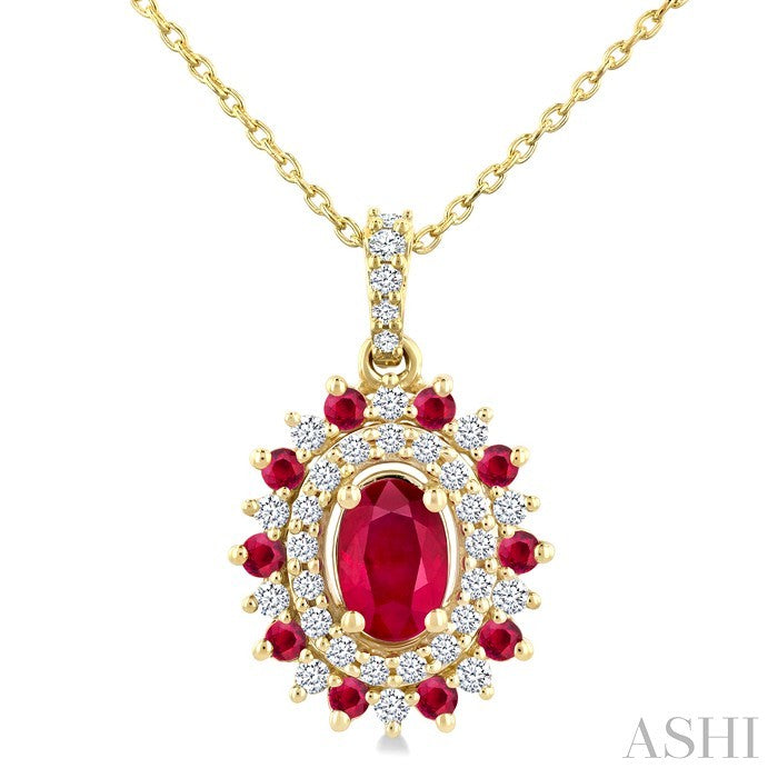 6X4 MM Oval Cut & 1.55 MM Round Cut Ruby and 1/4 Ctw Round Cut Diamond Floral Precious Pendant With Chain in 14K Yellow Gold