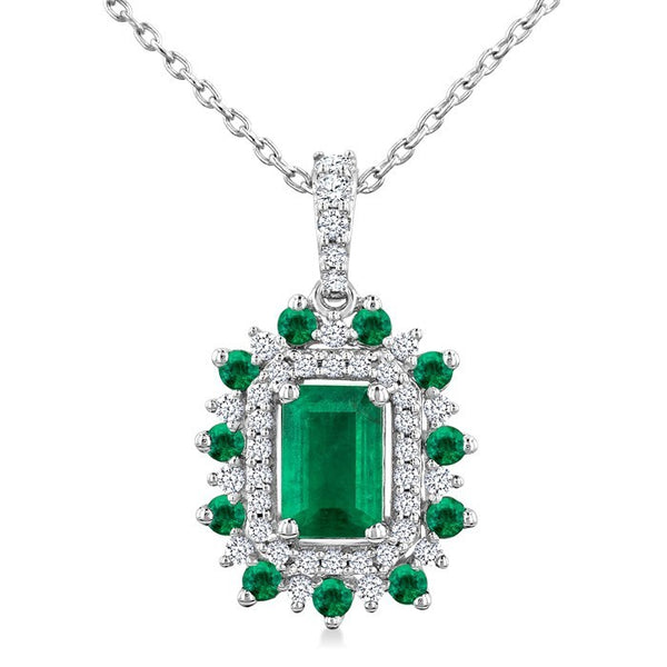 6X4 MM Emerald Cut & 1.55 MM Round Cut Emerald and 1/5 Ctw Round Cut Diamond Floral Precious Pendant With Chain in 14K White Gold