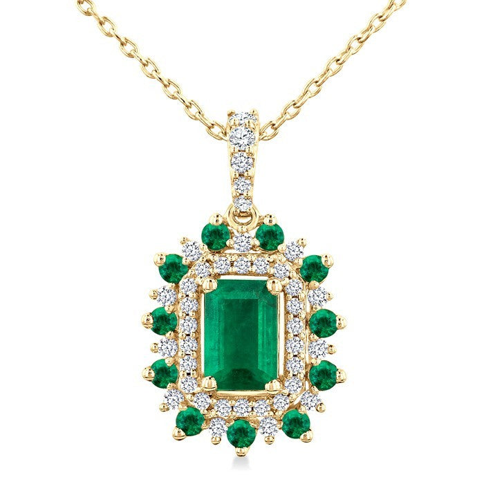 6X4 MM Emerald Cut & 1.55 MM Round Cut Emerald and 1/5 Ctw Round Cut Diamond Floral Precious Pendant With Chain in 14K Yellow Gold