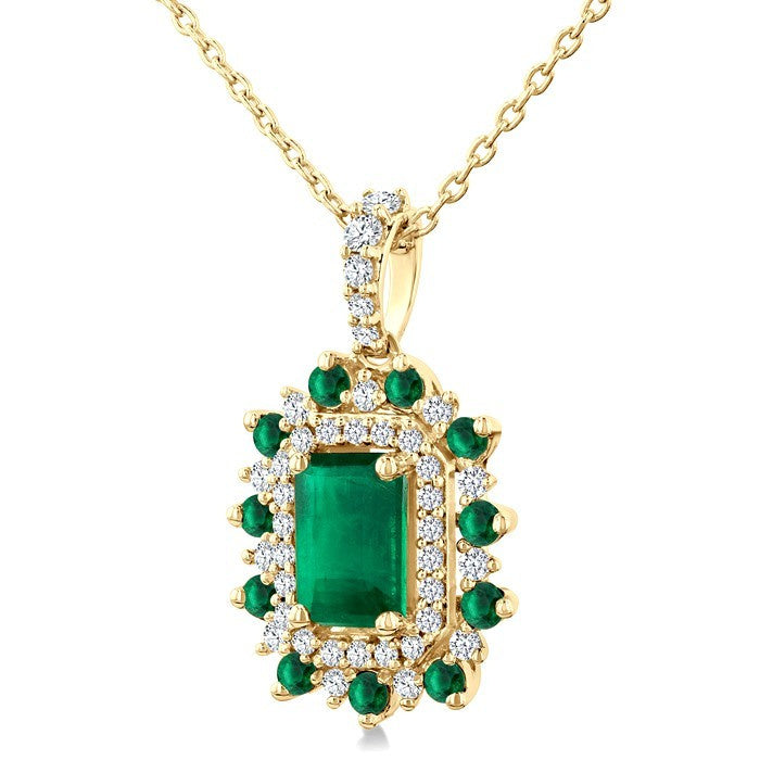 6X4 MM Emerald Cut & 1.55 MM Round Cut Emerald and 1/5 Ctw Round Cut Diamond Floral Precious Pendant With Chain in 14K Yellow Gold