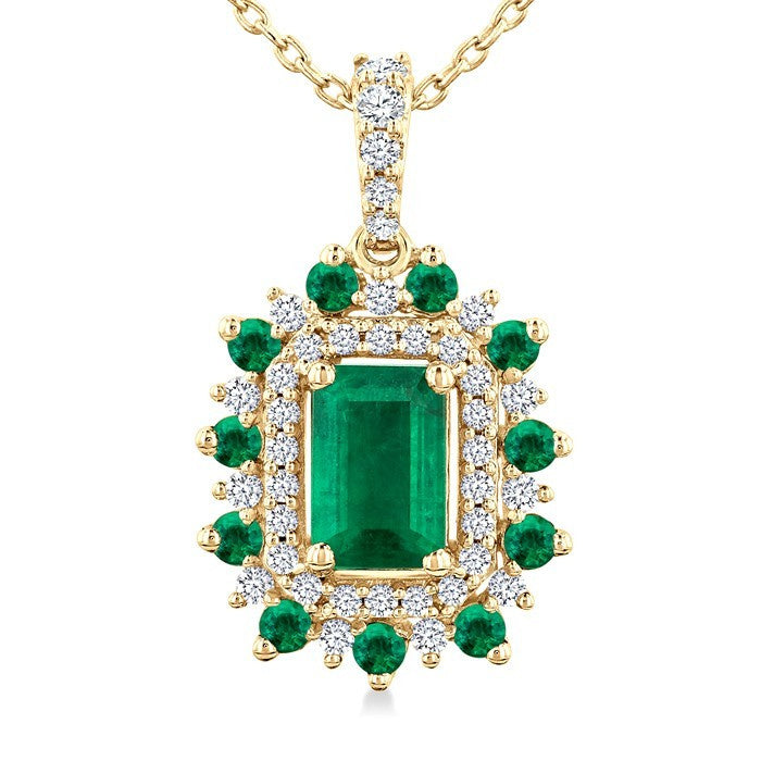 6X4 MM Emerald Cut & 1.55 MM Round Cut Emerald and 1/5 Ctw Round Cut Diamond Floral Precious Pendant With Chain in 14K Yellow Gold