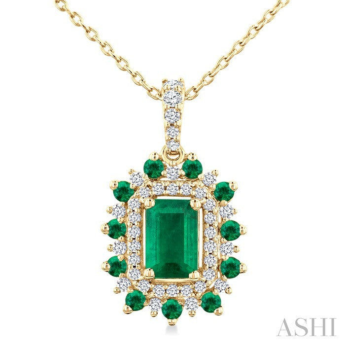 6X4 MM Emerald Cut & 1.55 MM Round Cut Emerald and 1/5 Ctw Round Cut Diamond Floral Precious Pendant With Chain in 14K Yellow Gold