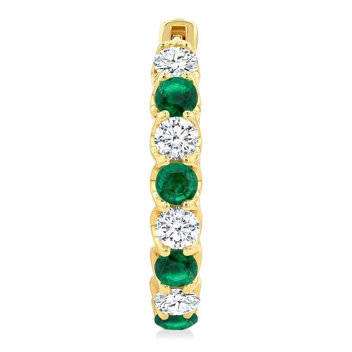 3.1 MM Emerald and 1 5/8 Ctw Round Cut Inside-Out Diamond Precious Hoop Earrings in 14K Yellow Gold