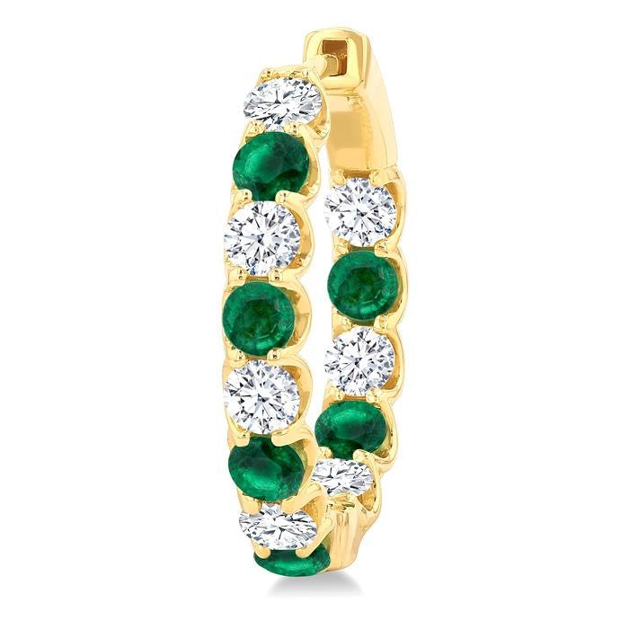 3.1 MM Emerald and 1 5/8 Ctw Round Cut Inside-Out Diamond Precious Hoop Earrings in 14K Yellow Gold
