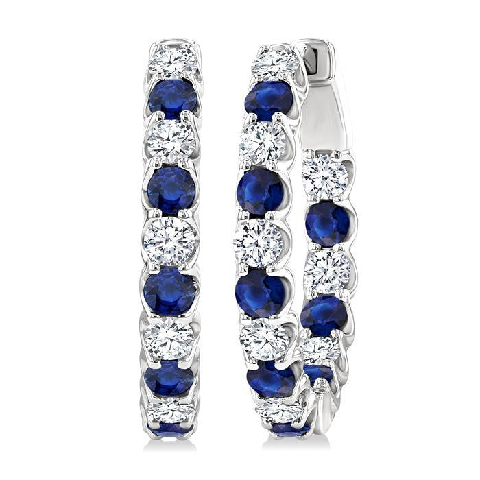 2.5 MM Sapphire and 1 Ctw Round Cut Inside-Out Diamond Precious Hoop Earrings in 14K White Gold