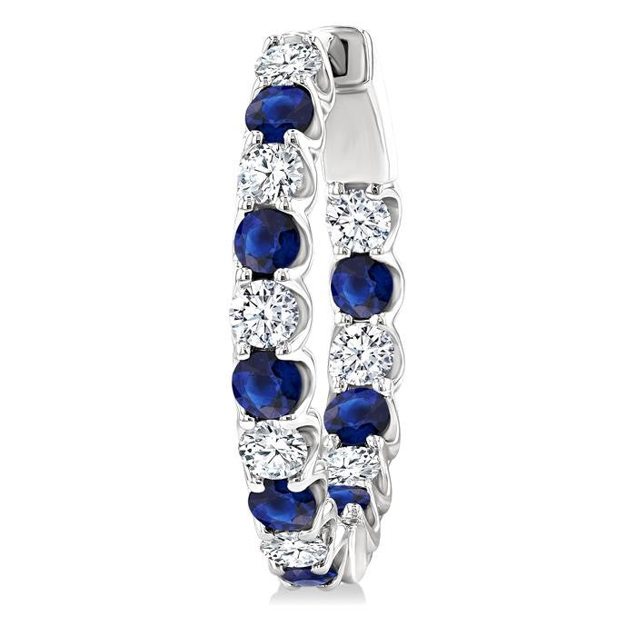 2.5 MM Sapphire and 1 Ctw Round Cut Inside-Out Diamond Precious Hoop Earrings in 14K White Gold