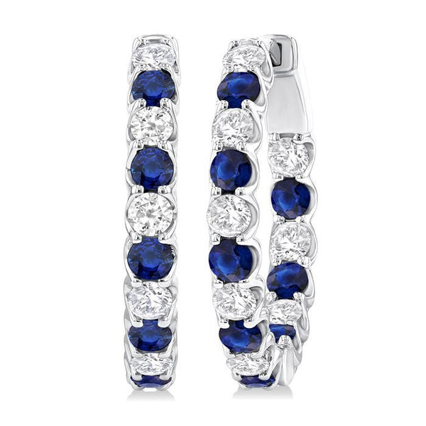2.5 MM Sapphire and 1 Ctw Round Cut Inside-Out Diamond Precious Hoop Earrings in 14K White Gold