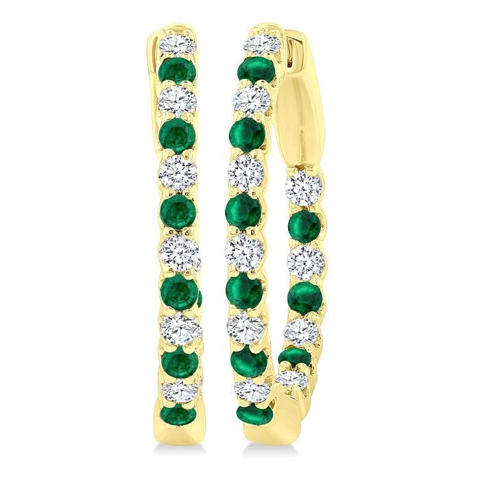 1.8 MM Emerald and 1/2 Ctw Round Cut Inside-Out Diamond Precious Hoop Earrings in 14K Yellow Gold