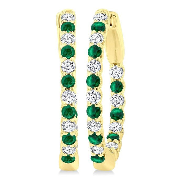 1.8 MM Emerald and 1/2 Ctw Round Cut Inside-Out Diamond Precious Hoop Earrings in 14K Yellow Gold