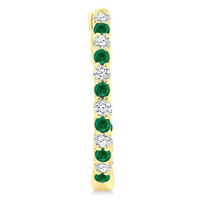 1.8 MM Emerald and 1/2 Ctw Round Cut Inside-Out Diamond Precious Hoop Earrings in 14K Yellow Gold