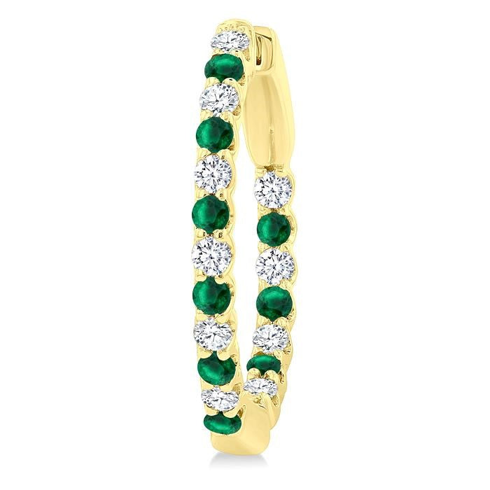 1.8 MM Emerald and 1/2 Ctw Round Cut Inside-Out Diamond Precious Hoop Earrings in 14K Yellow Gold