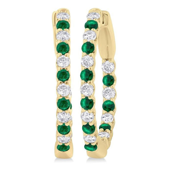 1.8 MM Emerald and 1/2 Ctw Round Cut Inside-Out Diamond Precious Hoop Earrings in 14K Yellow Gold