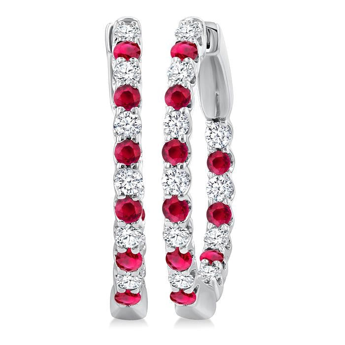 1.8 MM Ruby and 1/2 Ctw Round Cut Inside-Out Diamond Precious Hoop Earrings in 14K White Gold
