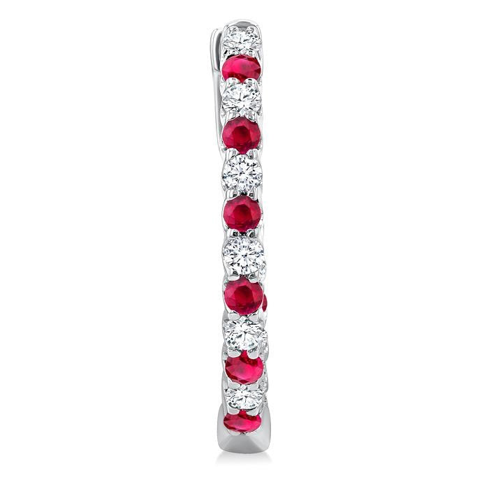 1.8 MM Ruby and 1/2 Ctw Round Cut Inside-Out Diamond Precious Hoop Earrings in 14K White Gold
