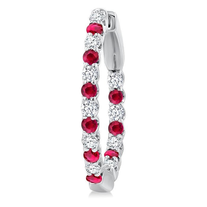 1.8 MM Ruby and 1/2 Ctw Round Cut Inside-Out Diamond Precious Hoop Earrings in 14K White Gold