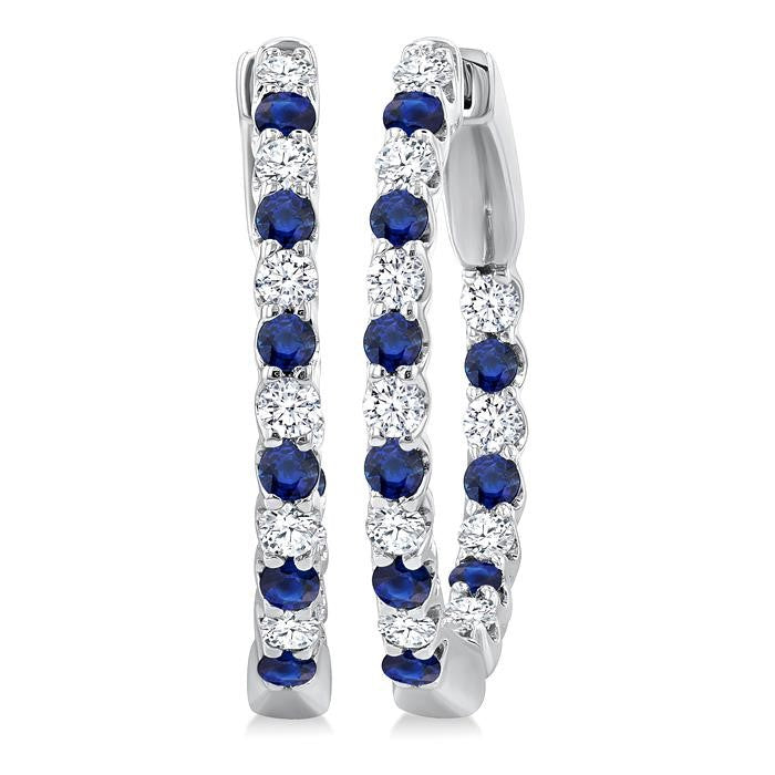 1.8 MM Sapphire and 1/2 Ctw Round Cut Inside-Out Diamond Precious Hoop Earrings in 14K White Gold