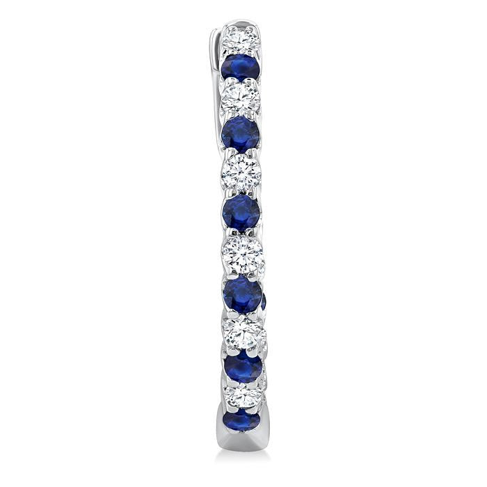 1.8 MM Sapphire and 1/2 Ctw Round Cut Inside-Out Diamond Precious Hoop Earrings in 14K White Gold