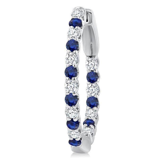 1.8 MM Sapphire and 1/2 Ctw Round Cut Inside-Out Diamond Precious Hoop Earrings in 14K White Gold
