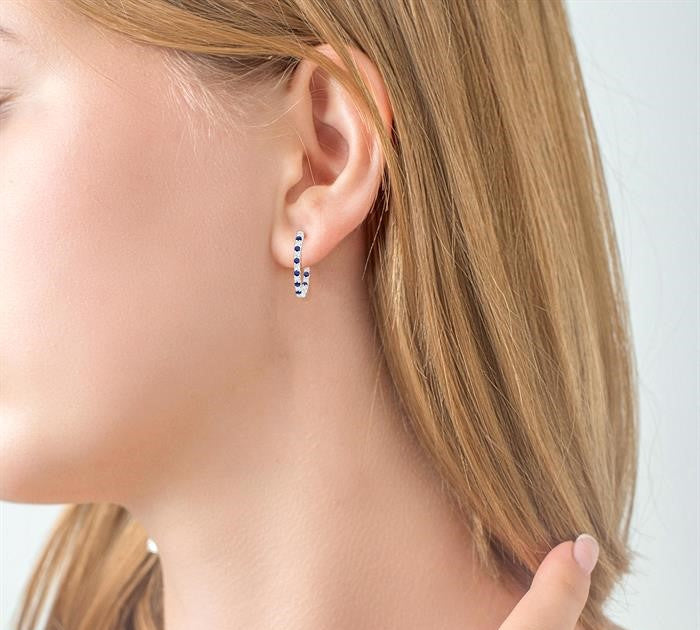 1.8 MM Sapphire and 1/2 Ctw Round Cut Inside-Out Diamond Precious Hoop Earrings in 14K White Gold