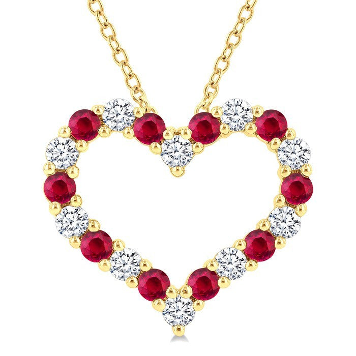 2.3 MM Round Cut Ruby and 1/2 Ctw Open Heart Round Cut Diamond Precious Fashion Pendant With Chain in 14K Yellow Gold