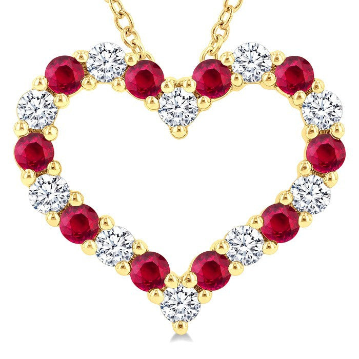 2.3 MM Round Cut Ruby and 1/2 Ctw Open Heart Round Cut Diamond Precious Fashion Pendant With Chain in 14K Yellow Gold