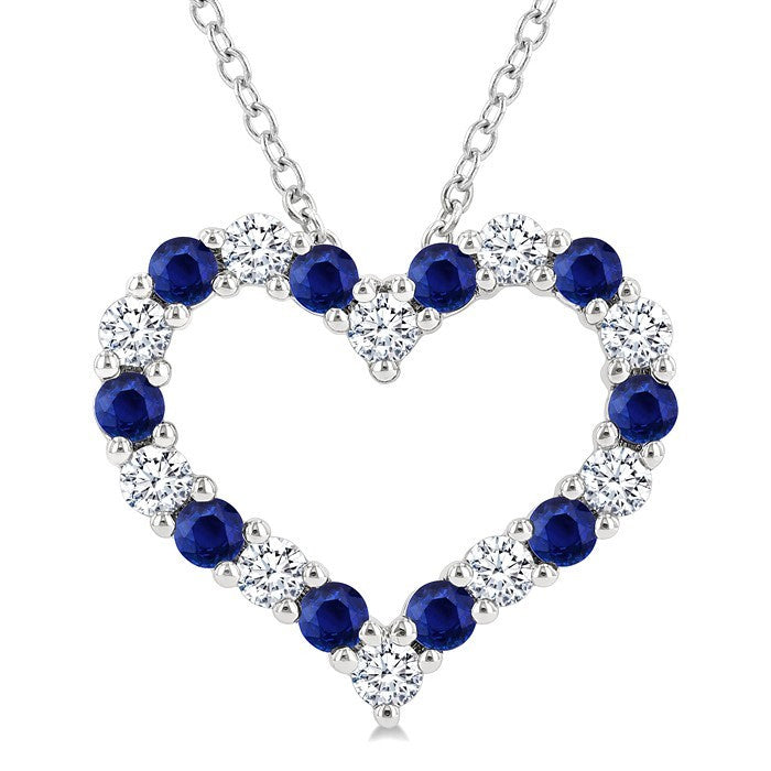 2.3 MM Round Cut Sapphire and 1/2 Ctw Open Heart Round Cut Diamond Precious Fashion Pendant With Chain in 14K White Gold