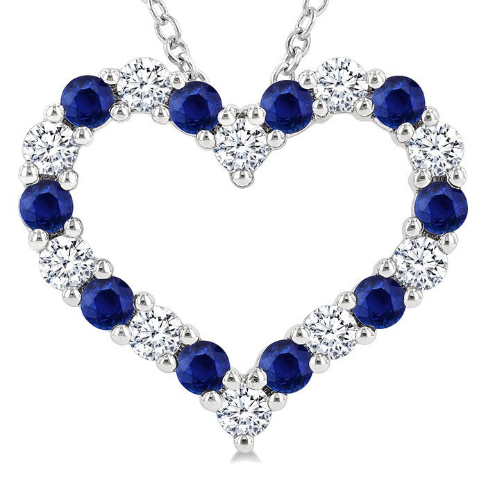 2.3 MM Round Cut Sapphire and 1/2 Ctw Open Heart Round Cut Diamond Precious Fashion Pendant With Chain in 14K White Gold