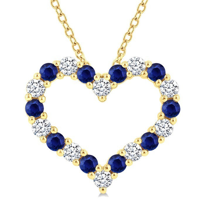2.3 MM Round Cut Sapphire and 1/2 Ctw Open Heart Round Cut Diamond Precious Fashion Pendant With Chain in 14K Yellow Gold