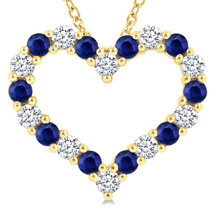 2.3 MM Round Cut Sapphire and 1/2 Ctw Open Heart Round Cut Diamond Precious Fashion Pendant With Chain in 14K Yellow Gold