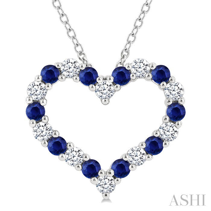 2.3 MM Round Cut Sapphire and 1/2 Ctw Open Heart Round Cut Diamond Precious Fashion Pendant With Chain in 14K White Gold