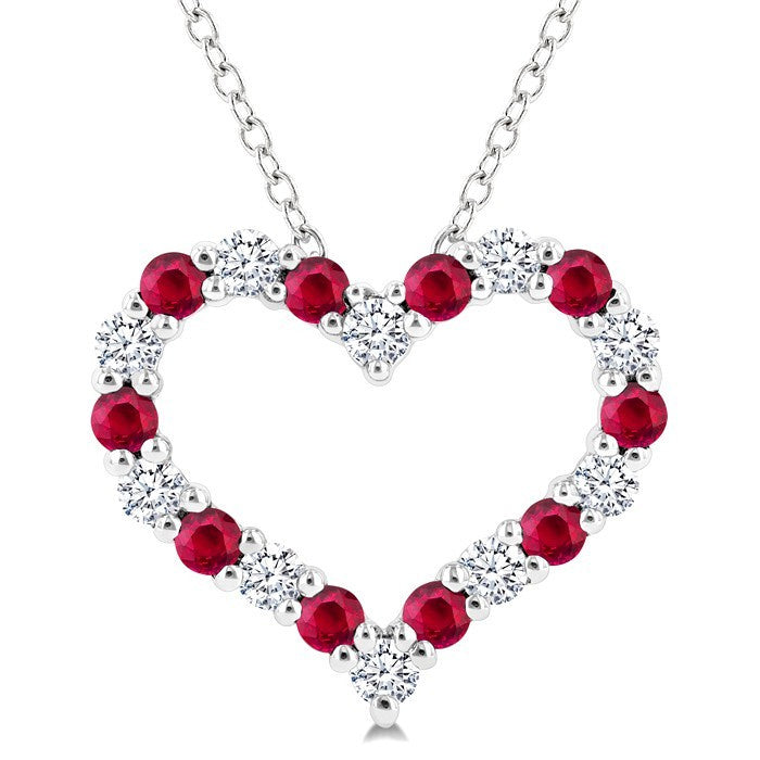 1.80 MM Round Cut Ruby and 1/4 Ctw Open Heart Round Cut Diamond Precious Fashion Pendant With Chain in 14K White Gold