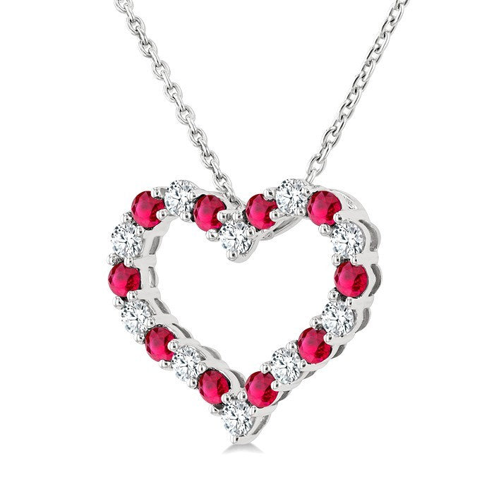 1.80 MM Round Cut Ruby and 1/4 Ctw Open Heart Round Cut Diamond Precious Fashion Pendant With Chain in 14K White Gold