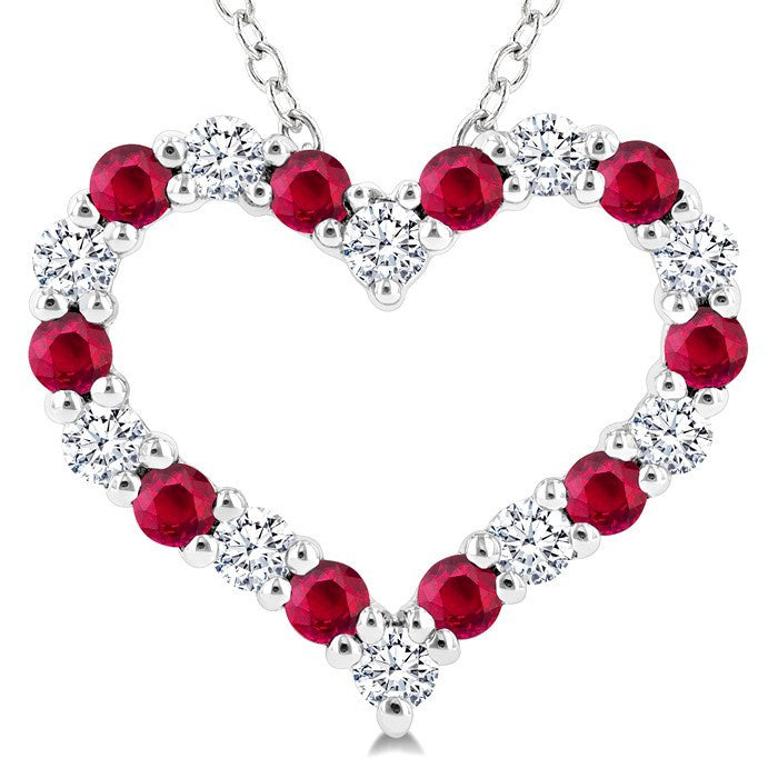 1.80 MM Round Cut Ruby and 1/4 Ctw Open Heart Round Cut Diamond Precious Fashion Pendant With Chain in 14K White Gold