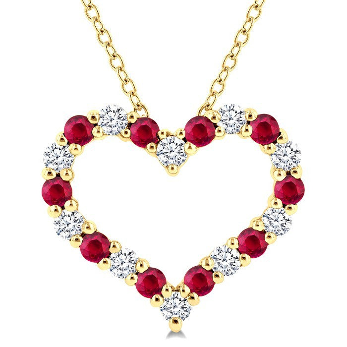 1.80 MM Round Cut Ruby and 1/4 Ctw Open Heart Round Cut Diamond Precious Fashion Pendant With Chain in 14K Yellow Gold