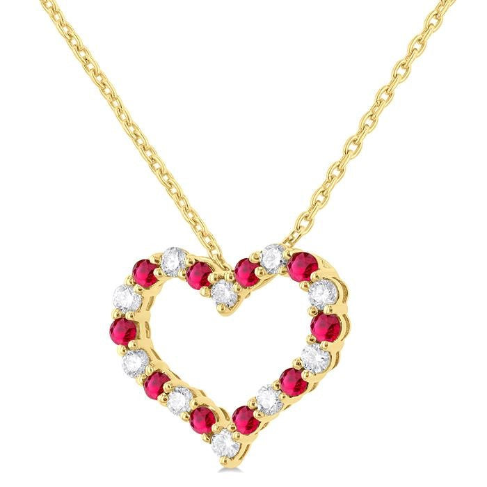 1.80 MM Round Cut Ruby and 1/4 Ctw Open Heart Round Cut Diamond Precious Fashion Pendant With Chain in 14K Yellow Gold