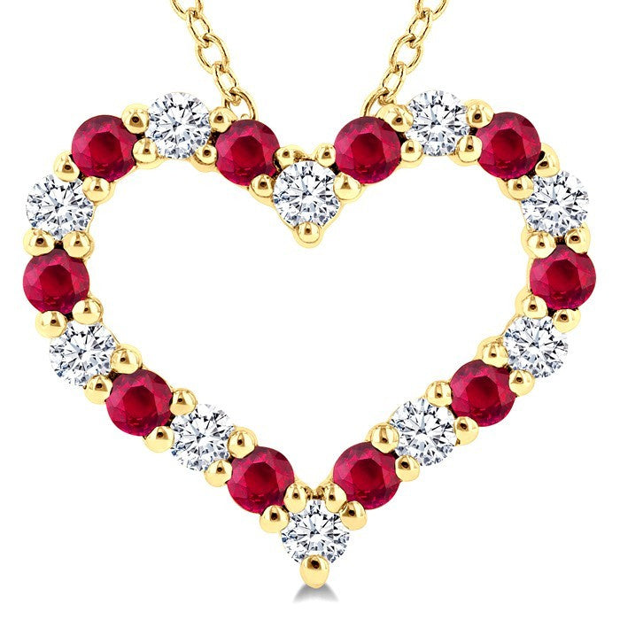1.80 MM Round Cut Ruby and 1/4 Ctw Open Heart Round Cut Diamond Precious Fashion Pendant With Chain in 14K Yellow Gold