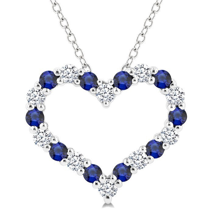 1.80 MM Round Cut Sapphire and 1/4 Ctw Open Heart Round Cut Diamond Precious Fashion Pendant With Chain in 14K White Gold