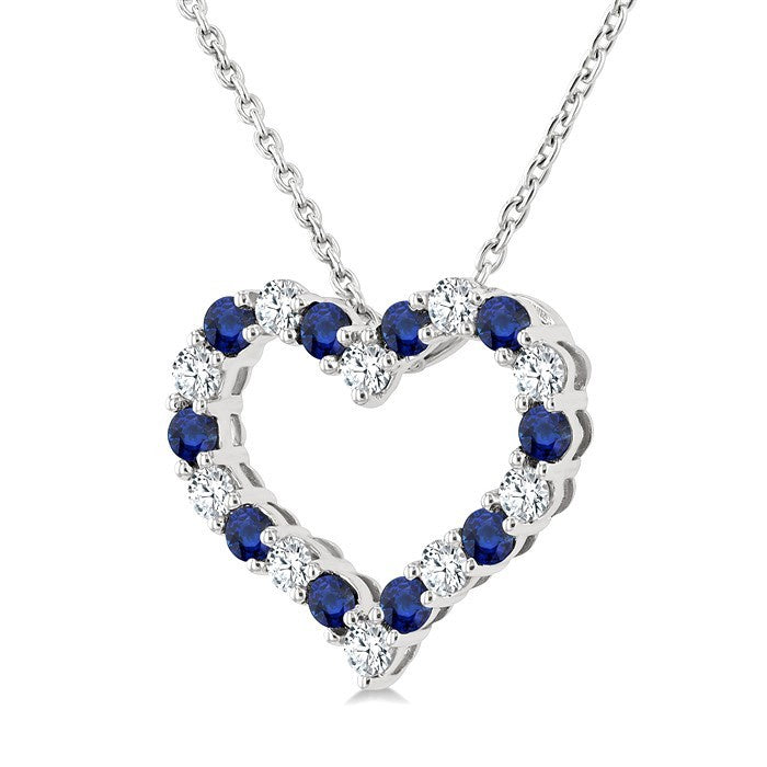 1.80 MM Round Cut Sapphire and 1/4 Ctw Open Heart Round Cut Diamond Precious Fashion Pendant With Chain in 14K White Gold