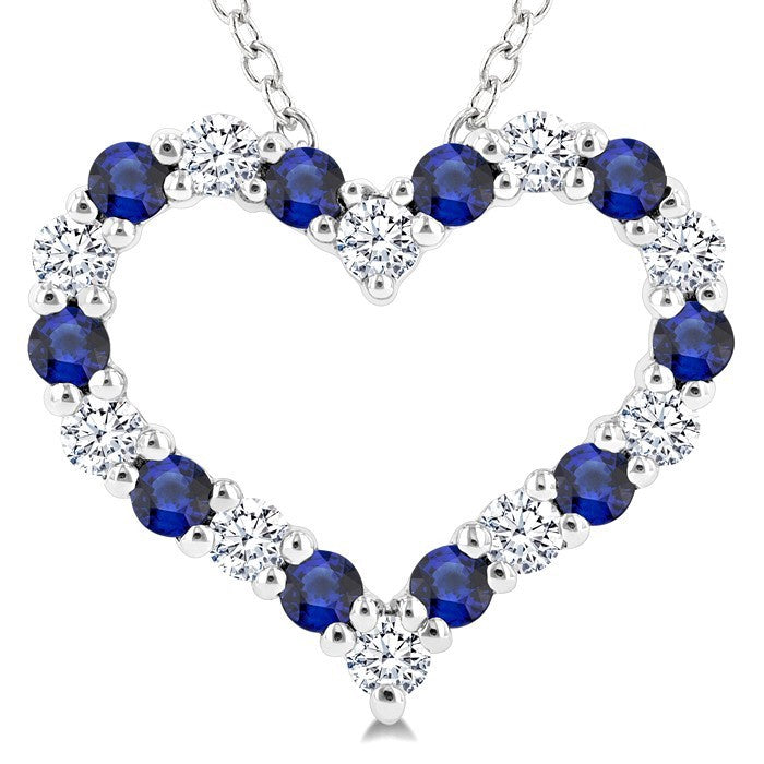 1.80 MM Round Cut Sapphire and 1/4 Ctw Open Heart Round Cut Diamond Precious Fashion Pendant With Chain in 14K White Gold